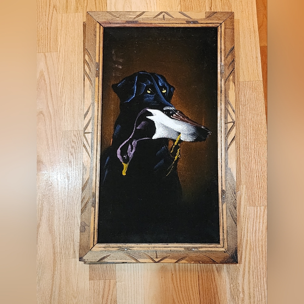 Black Vevlet Painting Black Lab With Duck 70s Art